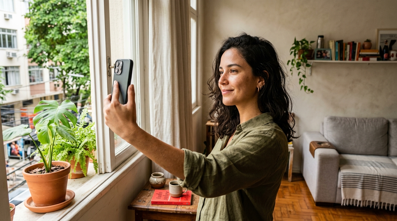 Como tirar selfie para foto profissional com IA — referência visual do MeuEstudio