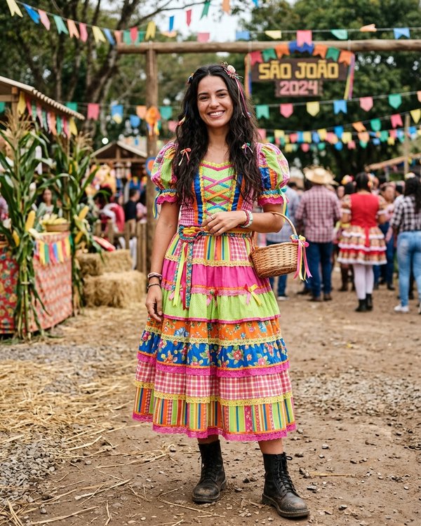 Vestido estampado com fita no cabelo — referência visual de look de festa junina