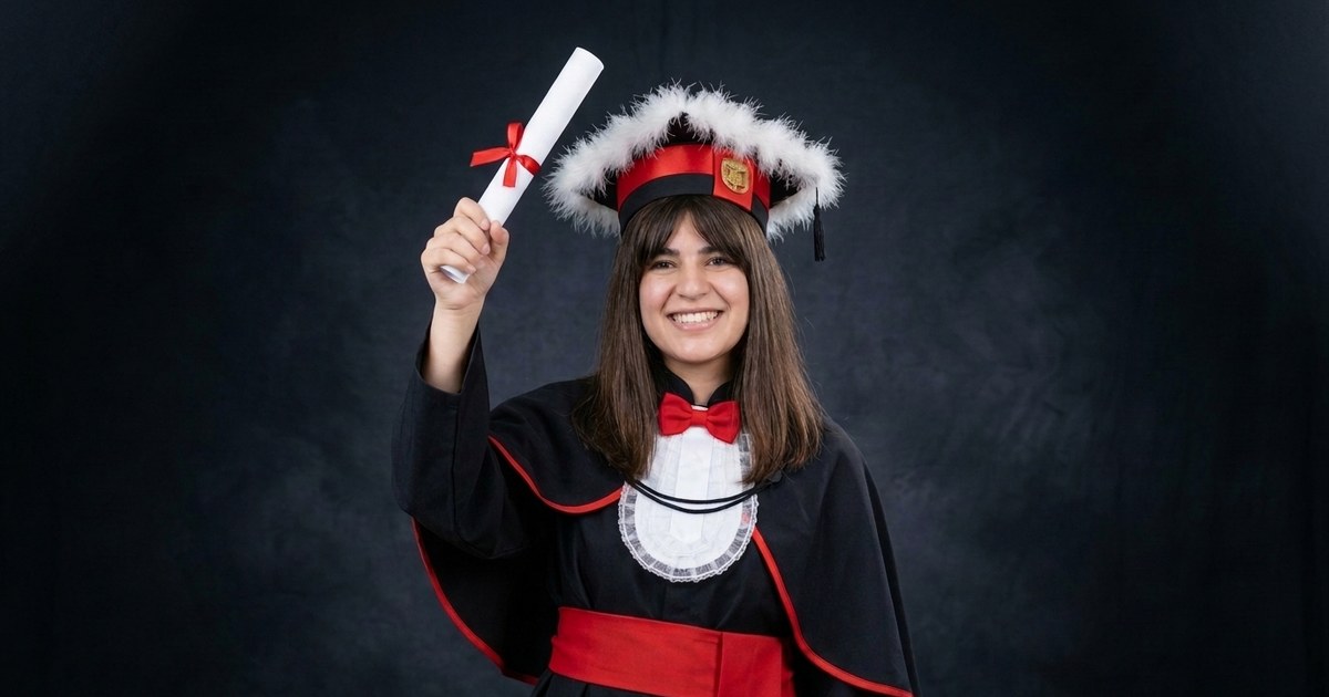 Poses para foto de formatura: formanda de beca e capelo ergue o canudo do diploma em foto de estúdio